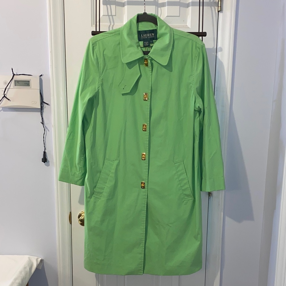Vintage Lauren Ralph Lauren Lime Green trench / rain jacket gold twist buttons
